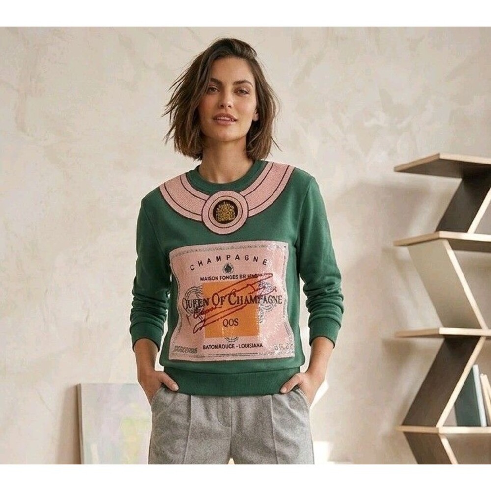 Queen of Sparkles Green Queen of Champagne Sequin Patch Sweatshirt Womens Small